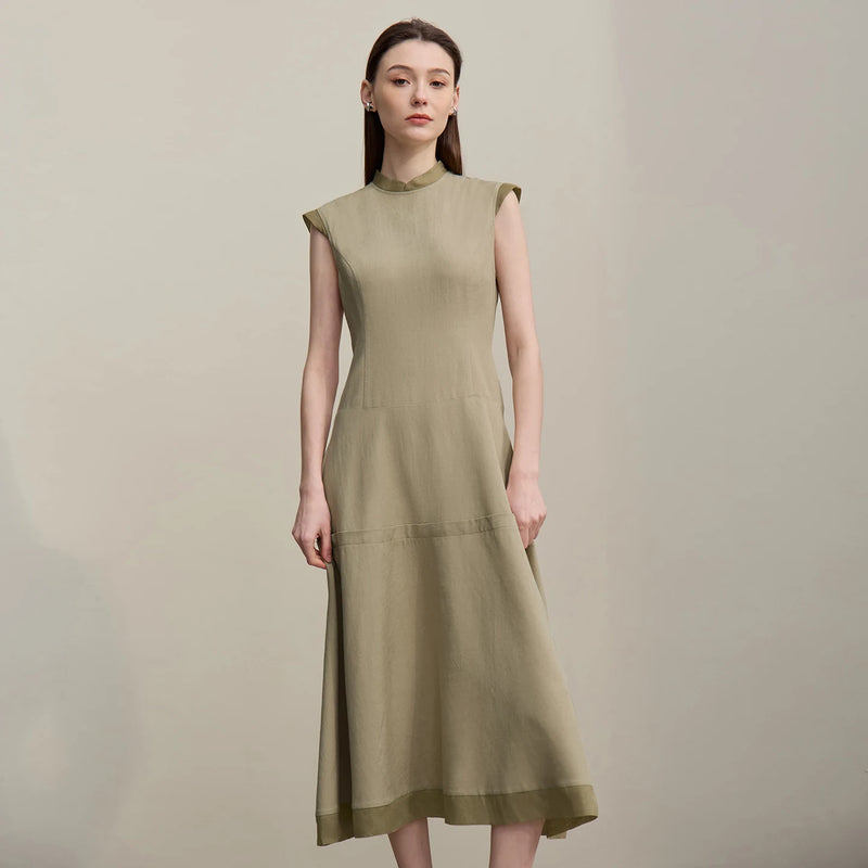 Amii Women's Dress 2026 Summer New Chinese Style Mandarin Collar Bow Broad Shoulder Elegant Patchwork Midi Dress Woman 12642055