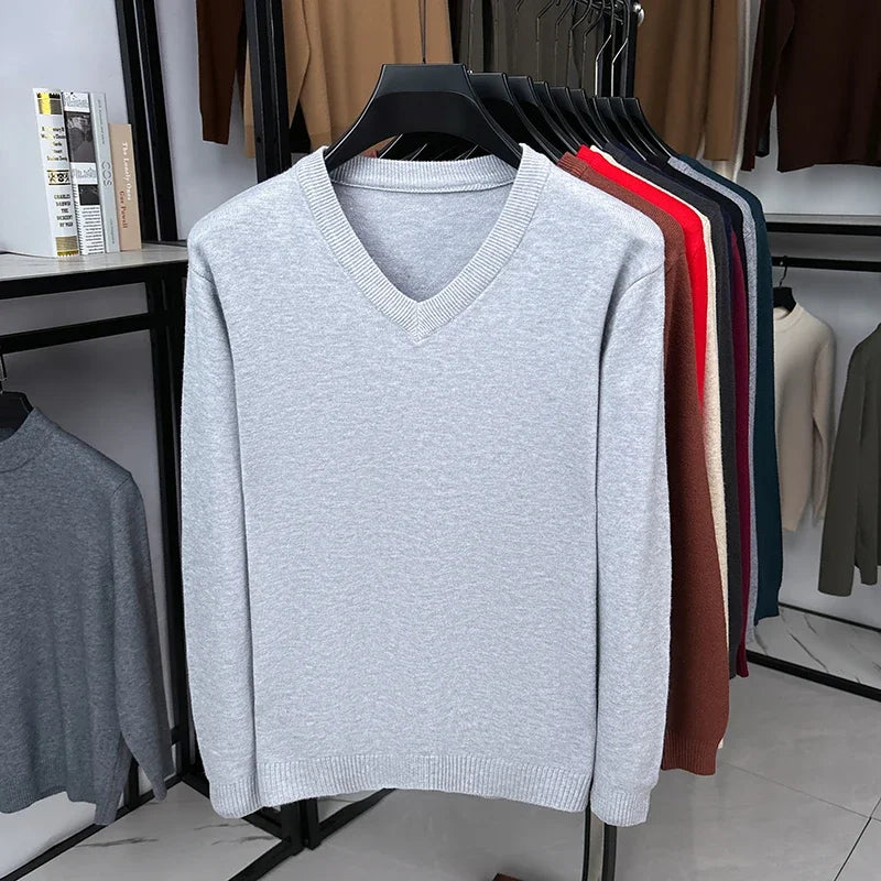 Classic V Neck Knitted Top Men Long Sleeve Smooth Knit Rib Trim Suitable For Layering Everyday Casual Look