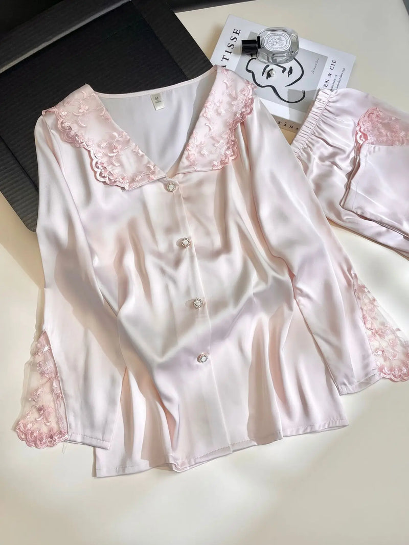 Embroidered Lace Lapel Pajama Sets Ice Silk Long Sleeve Trousers Suit Spring Autumn Women's Sleepwear Pyjama Home Suit For Women