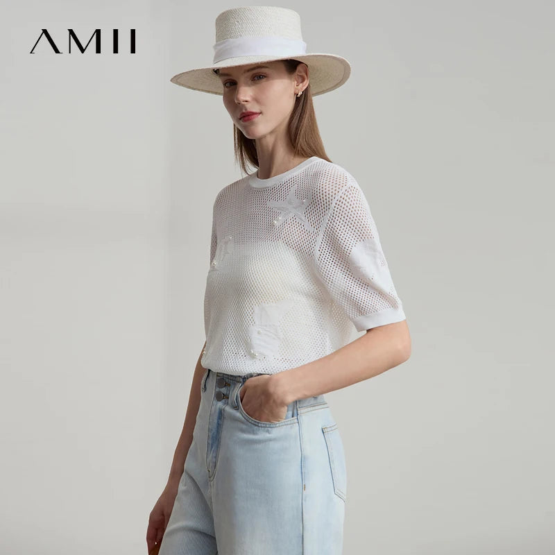 អាវក្រៅនារី Amii រចនាបថសមុទ្រថ្មី រចនាបថសាមញ្ញ ដេរអង្កាំ ចោះរន្ធ កអាវរាងអក្សរ O លេខ 12552075