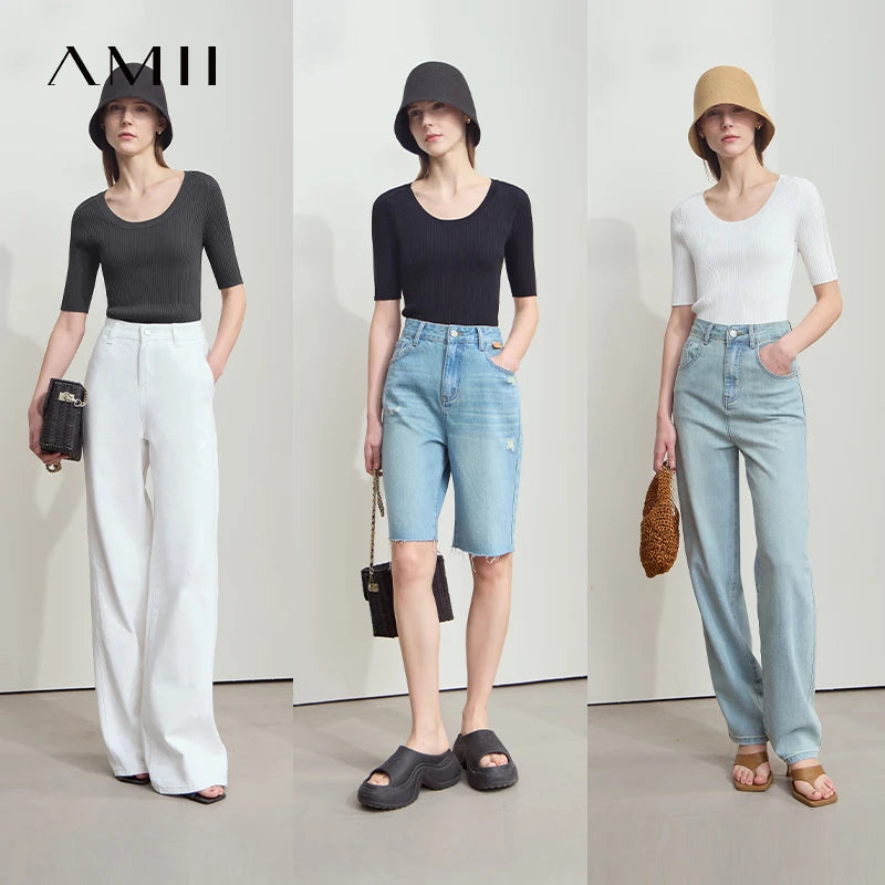 Amii Women's Top Minimalist 2026 Summer New Style Commuting U-Neck Hollowed Out Knitwear Slim Fit Slimming Short Sleeve 12522122