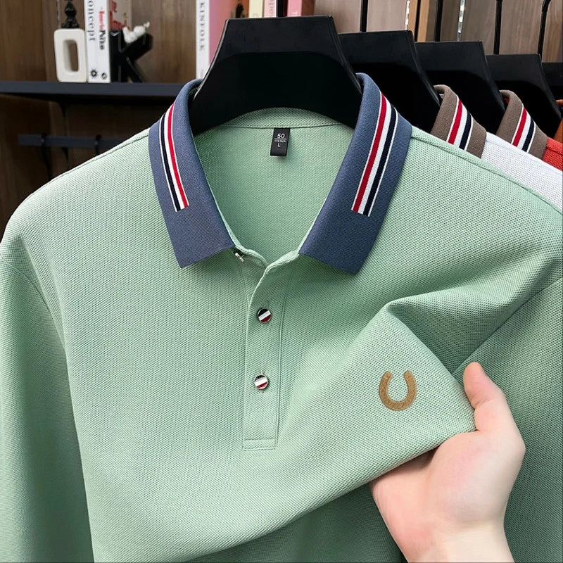 High-End 100% Cotton Man Long-Sleeved Polo Shirt Lapel Button Color Blocking Letter Embroidery Autumn New Leisure Men's Clothing