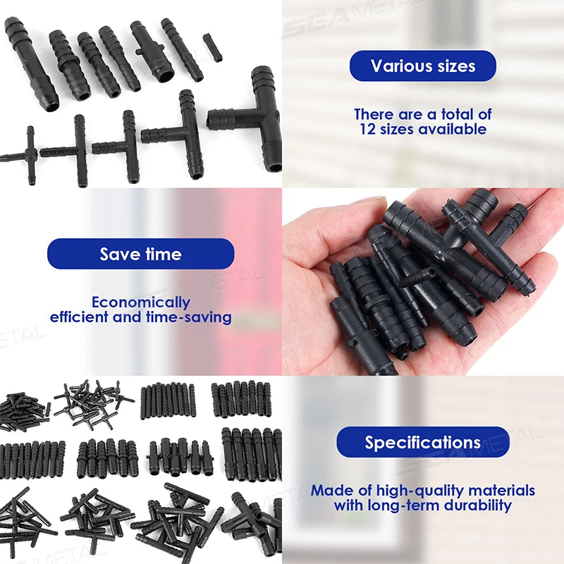 SEAMETAL 128Pcs Vacuum Connector Assortment Plastic Hose Joiner Tee Water Spray Pipe Joints Plastic Straight T Piece Connectors