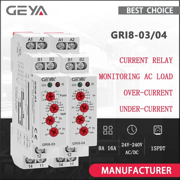 GEYA GRI8-03/04 ឧបករណ៍ត្រួតពិនិត្យចរន្តលើស និងក្រោម 0.5A 1A 2A 5A 8A 16A រេឡេត្រួតពិនិត្យចរន្ត