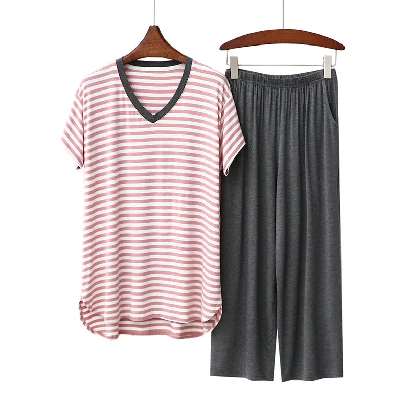 Spring Summer Pajamas For Women New Pijama Mujer Modal Stripe V Neck Shirt Nine Point Pants Suit Loose Home Wear Clothes