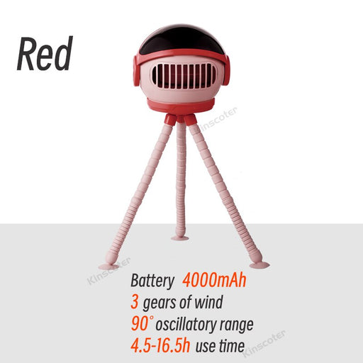 Auto-rotating Baby Stroller Fan Portable Collapsible Spaceman Fan Quiet 4000mah Battery Powered 3 Speed Red