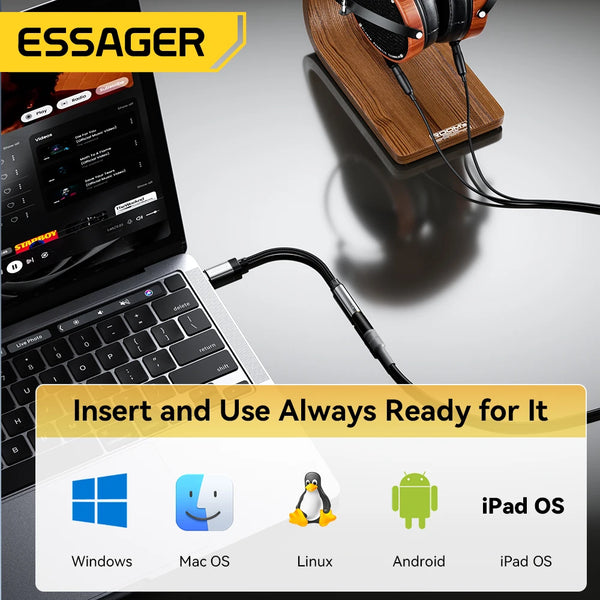 ខ្សែ Essager Type C ដល់ 3.5mm Jack AUX សម្រាប់ iPhone 15 Samsung MacBook Lighting ទៅ 3.5mm Headphone Audio Adapter សម្រាប់ iPhone 14 13
