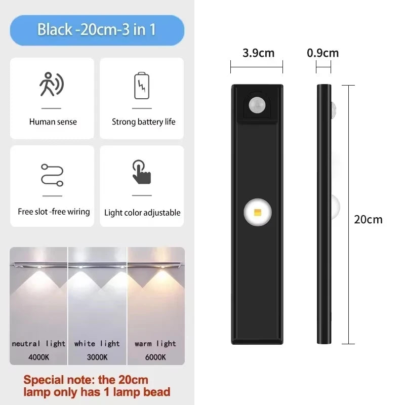 ភ្លើង LED ទំហំ 20/30/40/50 សង់ទីម៉ែត្រ នៅក្រោមទូខោអាវ ភ្លើងបំភ្លឺក្នុងផ្ទះ ឧបករណ៍ចាប់សញ្ញាចលនា ចង្កៀង LED ស្តើងបំផុត ភ្លើងពេលយប់អាចសាកបានដោយ USB