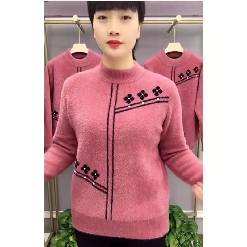Winter Woman Clothes Half Turtleneck Thicken Pullover Top Warm Mink Fur Knitwear Female Clothing Bottom Wear Printed Sweater