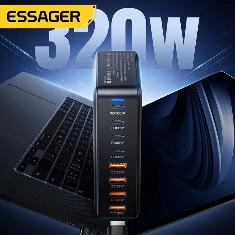 ឆ្នាំងសាក Essager 320W GaN 8 រន្ធ USB ប្រភេទ C ស្ថានីយសាកថ្មលើតុ PD 100W សាកថ្មលឿនសម្រាប់ iPhone 17 16 15 iPad MacBook កុំព្យូទ័រយួរដៃ