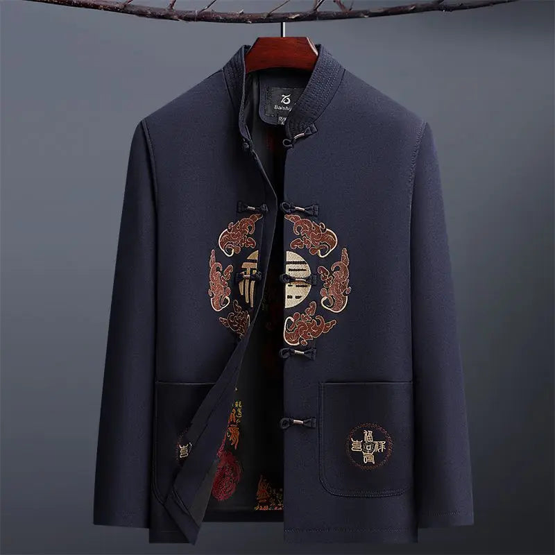 2026 New Men's Red Embroidered Long-Sleeve Jacket, Chinese-Style Single-Breasted Stand-Up Collar Coat, Fashionable Casual Tops.