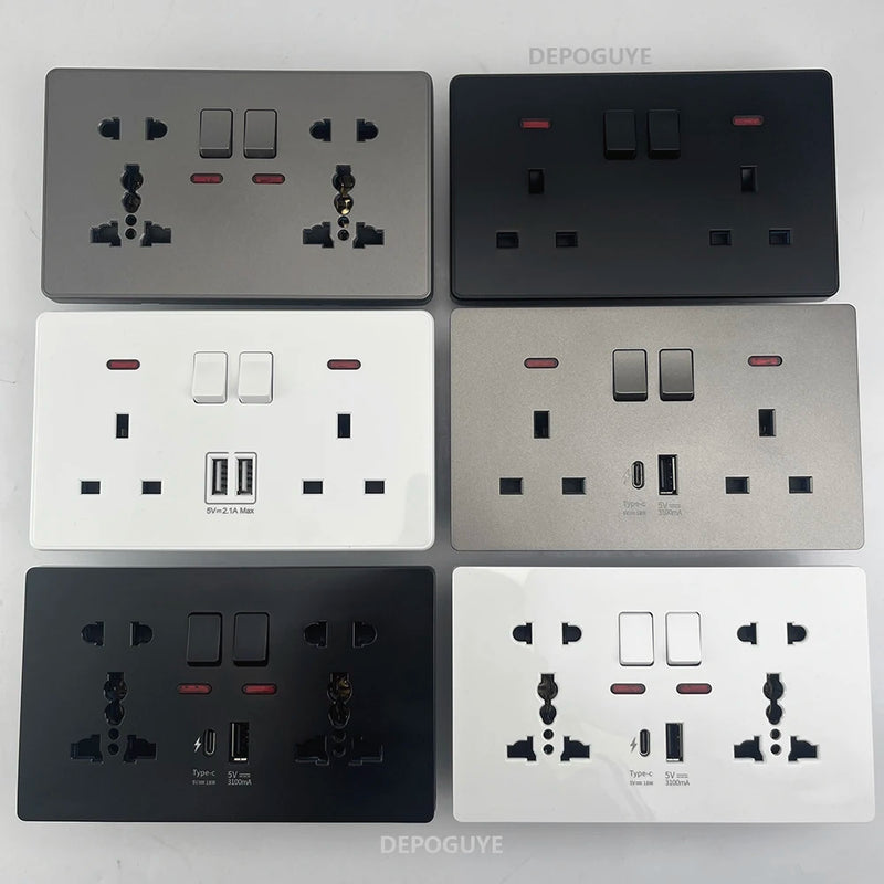 18W Type-C Plug Quick Charging Universal 5-pin Dual Power Socket,UK Standard 13A Wall Socket with DC 5V 3.1A Type-c USB Charger
