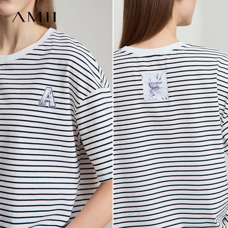 Amii 2026 Minimalist T-shirt Women Loose Elastic Striped Pure Cotton Dropped Shoulder Short Sleeves Printed Casual Tee 12522002