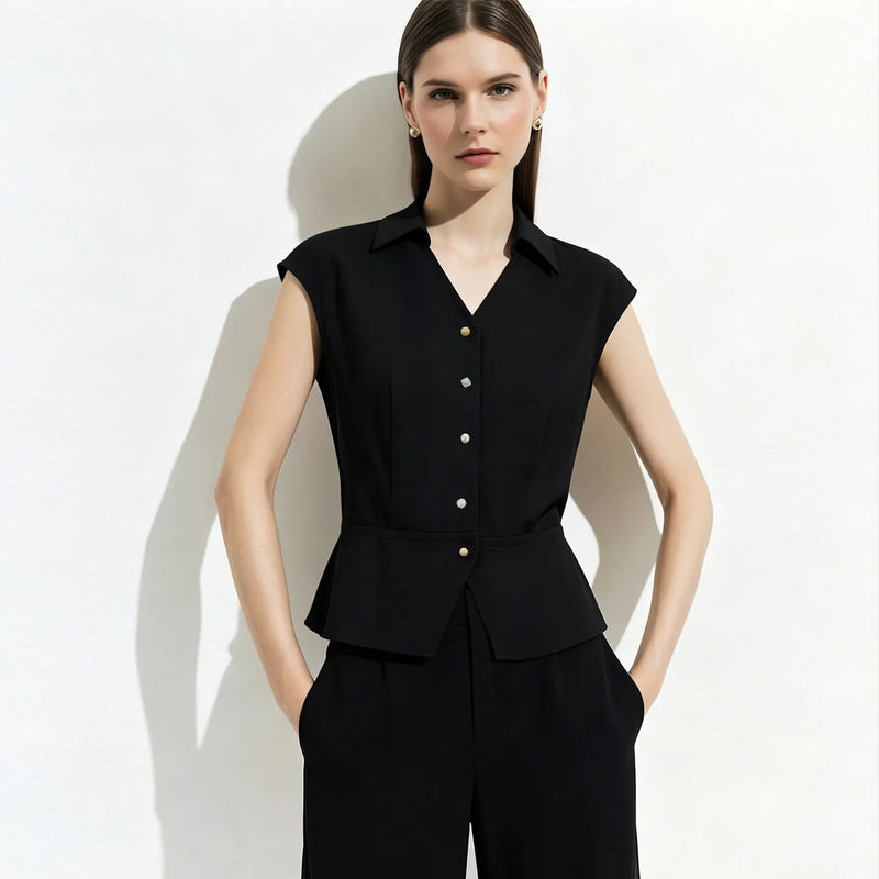 Amii Women's Blouse 2026 Summer New Lapel Collar Cap Sleeve Chiffon Top Women Stretch Office Casual Short Sleeve Shirt 12642095