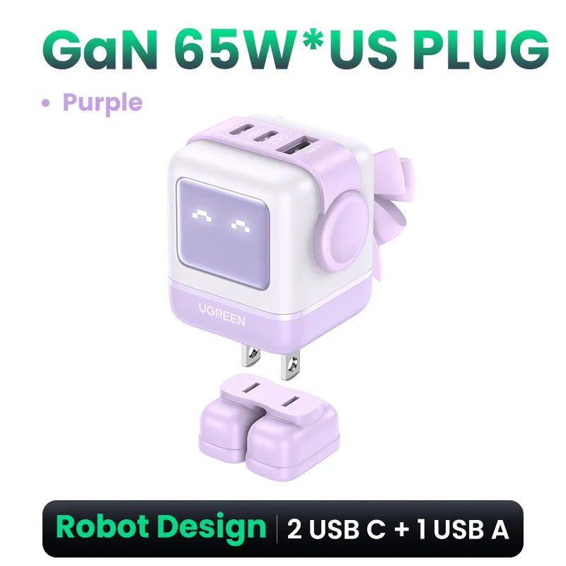 UGREEN 65W GaN Charger Uno Robot Design Quick Charge 4.0 3.0 PPS for iPhone 18 17 Pro Macbook Air Laptop Tablet PD Fast Charger