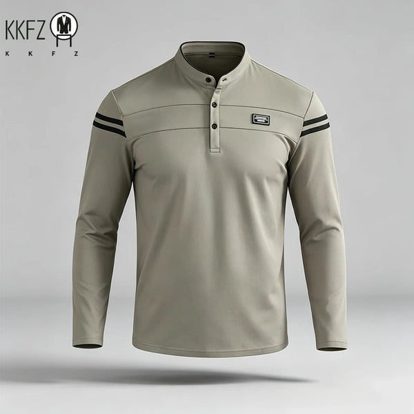 Mens Basic Stand Collar Long Sleeve Polo Top Sleeve Stripes Suitable For Vacation Short Trip And Multiple Leisure Scenes