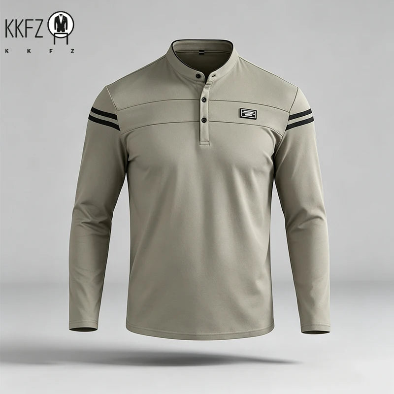Mens Basic Stand Collar Long Sleeve Polo Top Sleeve Stripes Suitable For Vacation Short Trip And Multiple Leisure Scenes