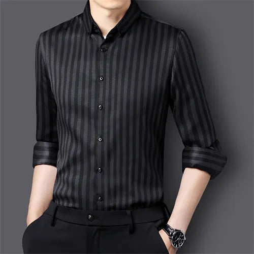 Black Striped Long Sleeve Shirt, Men's Single Breasted Shirts, with Square Collar Yellow Brown Camisas Para Hombre M-5XL