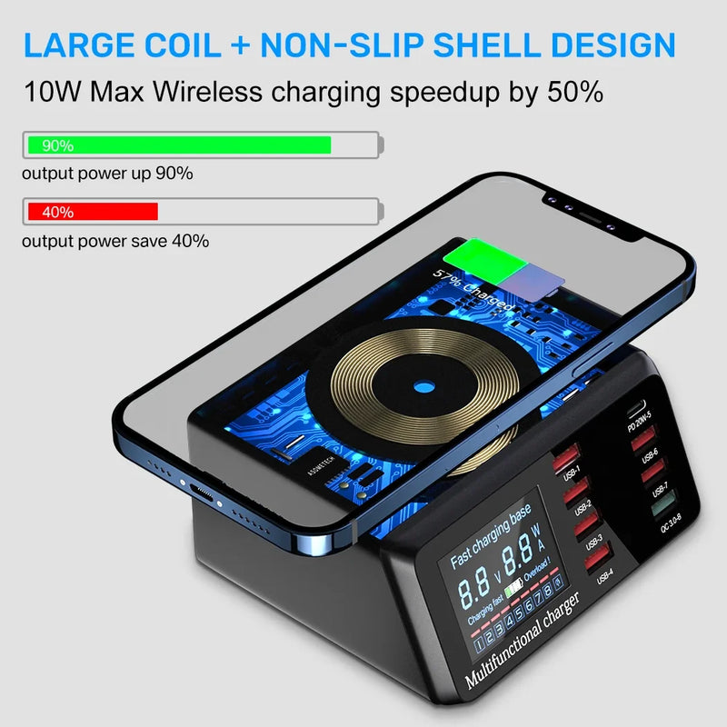 ឆ្នាំងសាកឥតខ្សែ 100W 8 រន្ធ USB Quick Charge 3.0 Adapter HUB ស្ថានីយ៍សាកថ្មឥតខ្សែ PD Fast Charger សម្រាប់ iPhone 11 13 Samsung