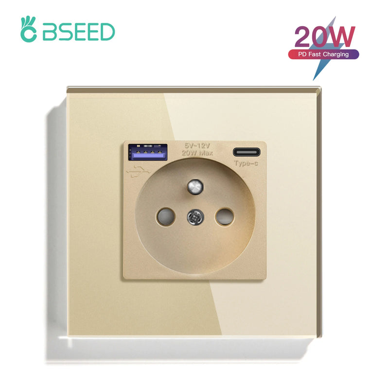 BSEED France Standard Wall Electrical Outlet USB Type-C Charge Port Glass Panel 20W Fast Charge French Socket 110-250V