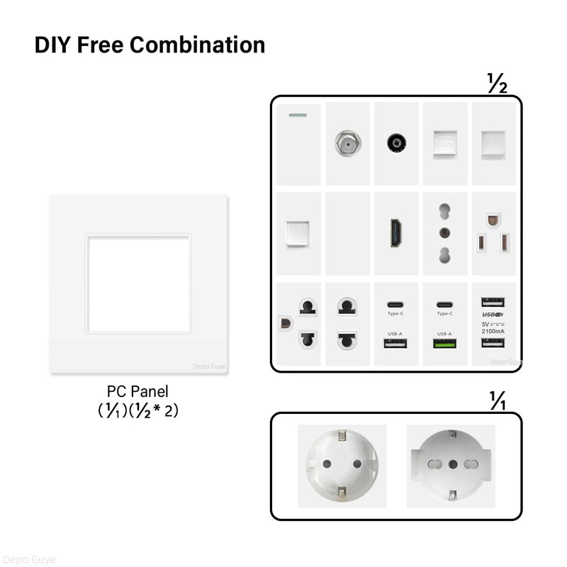 EU Wall Socket Plastic Panel White USB Type C 10W/20W Charge Port TV Rj45 Satellite HDML Interface Function DIY Combination