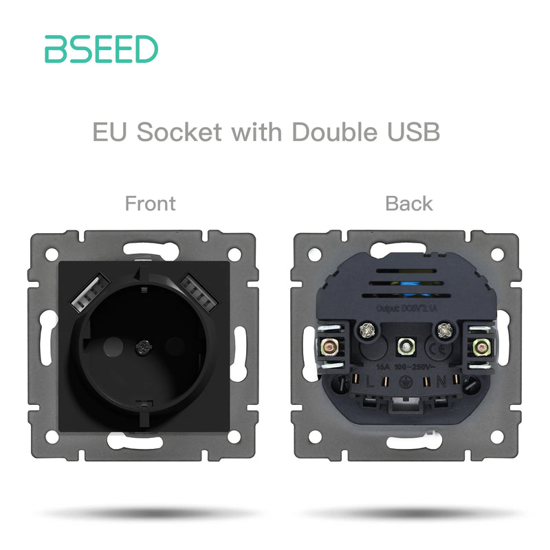 BSEED EU Standard Button Light Switch 1/2Gang 1/2Way Wall Socket USB Type-C DIY Function Parts Glass Panel Free Combination