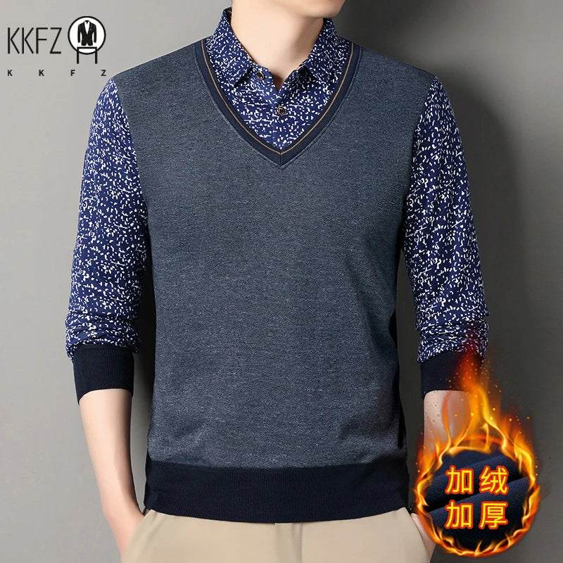 Men Thermal Knit Sweatshirt Faux Layered Style Printed Lapel Collar Fleece Inside Leisure Long Sleeve Pullover