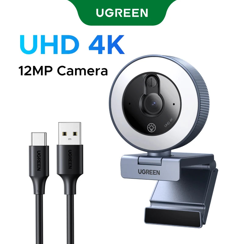 UGREEN 4K Webcam with 6-Level Touch Ring Light, Face AE, 4K@30fps Auto Focus, Built-in Privacy Cover, USB-C, 12MP PC Camera
