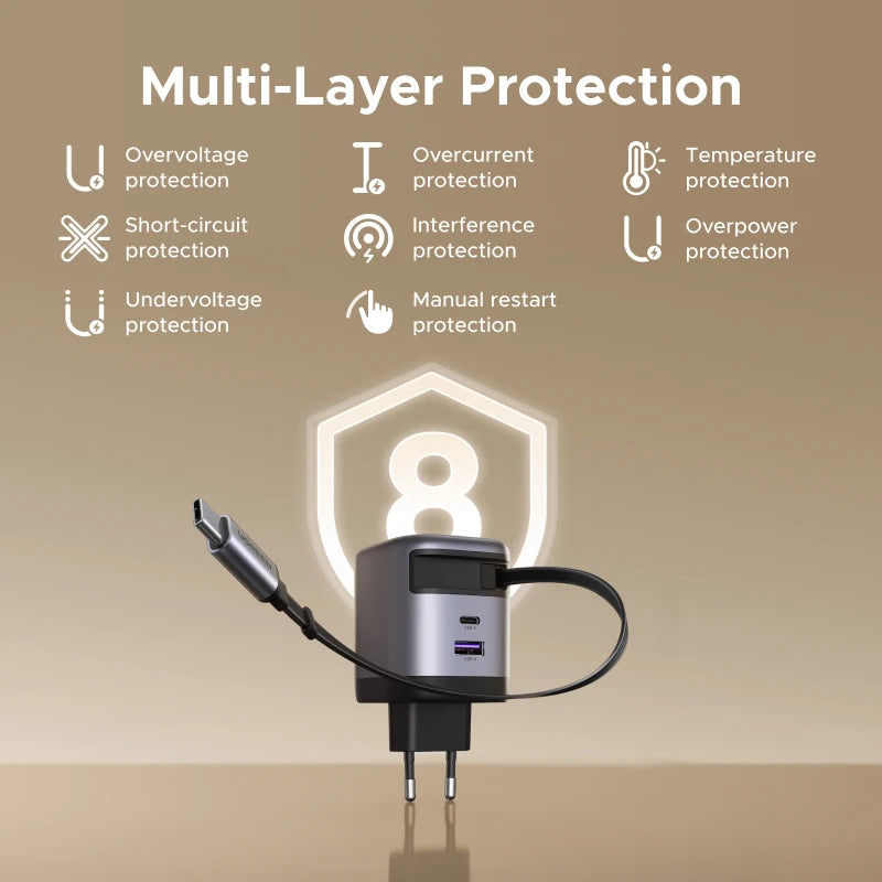 UGREEN 65W GaN Charger With Retractable USB C Cable For iPhone 18 17 Pro Samsung Xiaomi Laptop Macbook Tablet PD Fast Charger