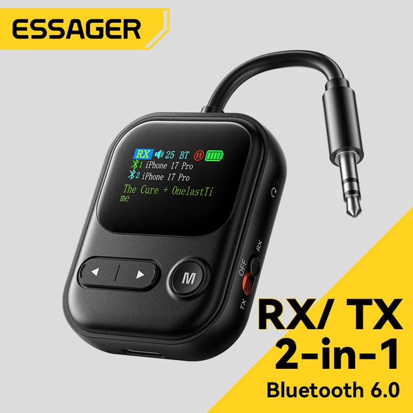 ឧបករណ៍ទទួល/បញ្ជូនសំឡេង Essager Bluetooth 6.0 ជាមួយមីក្រូហ្វូន 3.5mm Jack អេក្រង់ LCD សម្រាប់រថយន្ត/ស្តេរ៉េអូផ្ទះ/ទូរស័ព្ទ/កាសស្តាប់ត្រចៀក/ឧបករណ៍បំពងសម្លេង/ទូរទស្សន៍