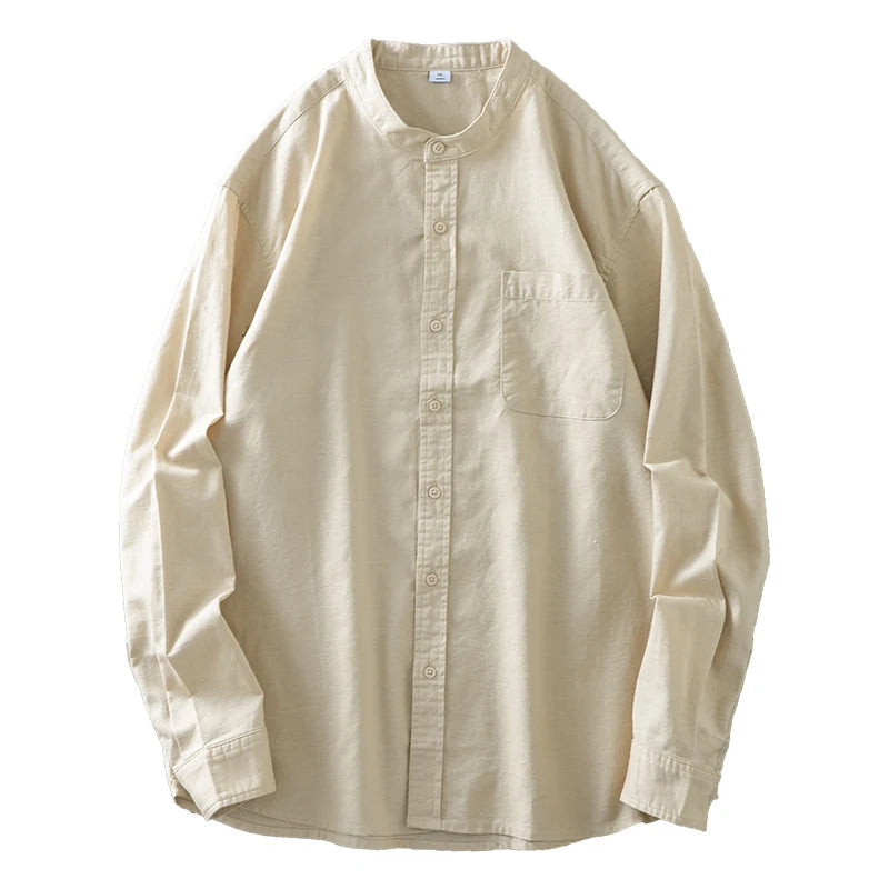 DUKEEN Men's White Band Collar Cotton Linen Blend Long Sleeve Shirt Autumn Casual Breathable Basic High-Quality Men's Clothing