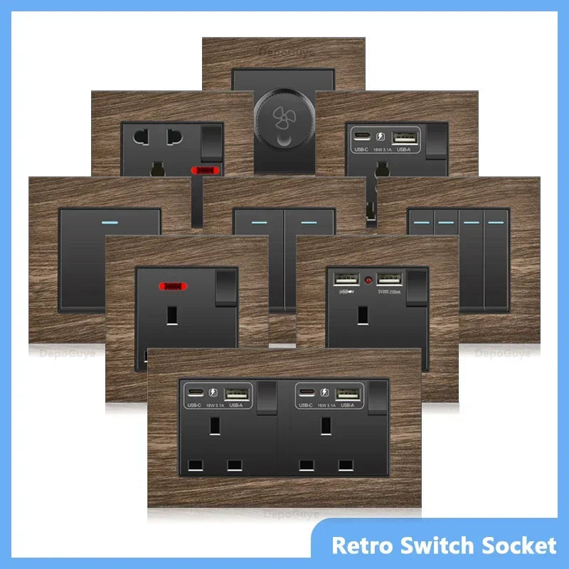 UK 18W Type-C Quick charge Dual Power Outlet,Universal Retro Wood Grain Electrical USB Socket,220V Electrical  Wall Light Switch