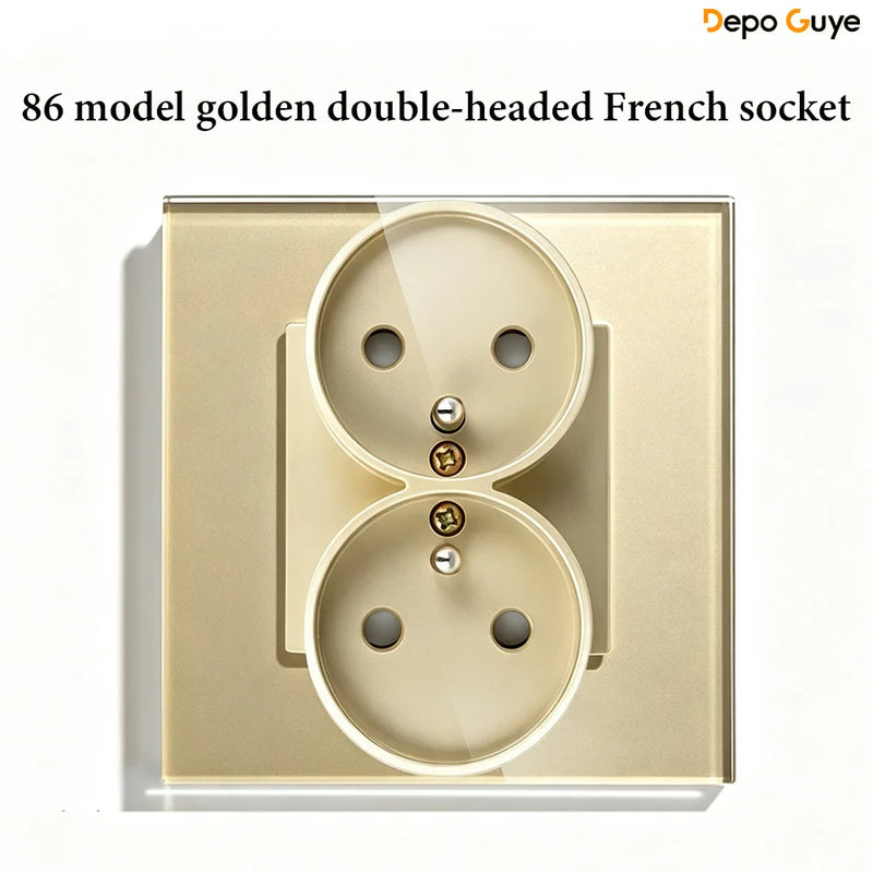 French Wall Socket Double Power Outlet FR Standard 16A Glass Panel Single Double Frame White Black Home Electrical Wall Socket