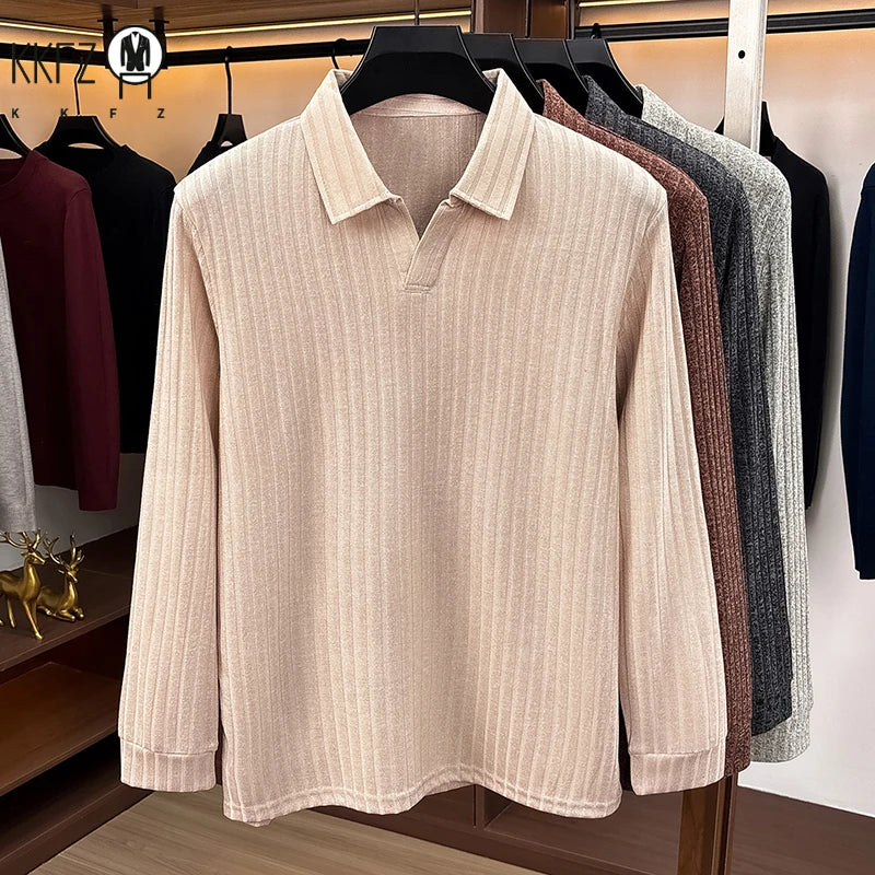 Spring Fall Men Lapel Knitted Pullover Polo Long Sleeve Vertical Ribbed Soft Light Business Daily Wear Tops