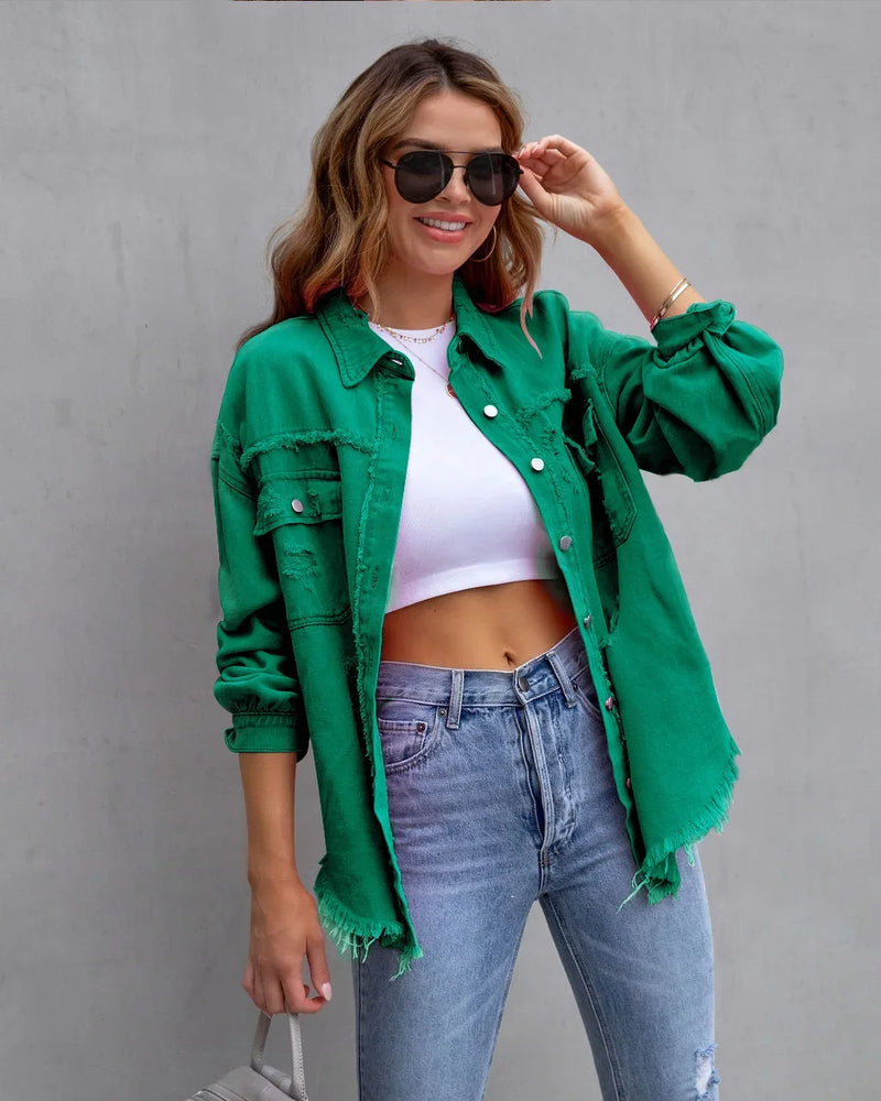 Women's Purple Mid-Length Raw Edge Ripped Denim Jacket, Red Long Sleeve Casual Lapel Coats Top, Green Blue Yellow Gray Optional