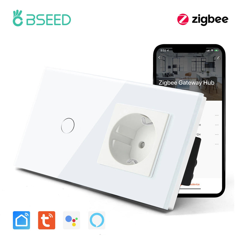 BSEED Tuya Zigbee Smart Switch 1/2/3Gang 1/2/3Way No Neutral Wall Touch Switch Smart Home Control EU Power Socket Without Wifi