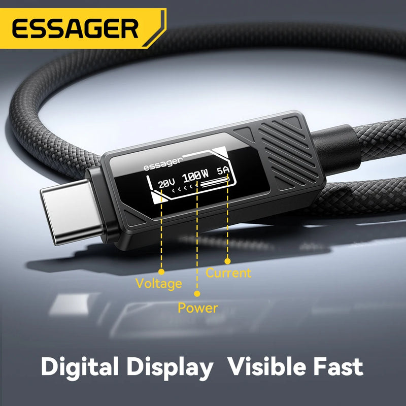 ខ្សែសាក ESSAGER 100W ប្រភេទ C ដល់ C ជាមួយអេក្រង់ឌីជីថល PD ខ្សែសាកលឿនសម្រាប់ MacBook Pro/Air iPhone 16/15/14 iPad ខ្សែ USB C