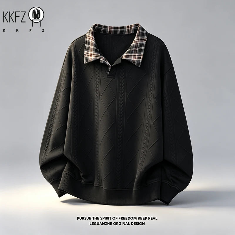 Mens Plaid Lapel Collar Long Sleeve Jacquard Sweatshirt Geometric Embossed Texture Soft Handfeel Top For Autumn