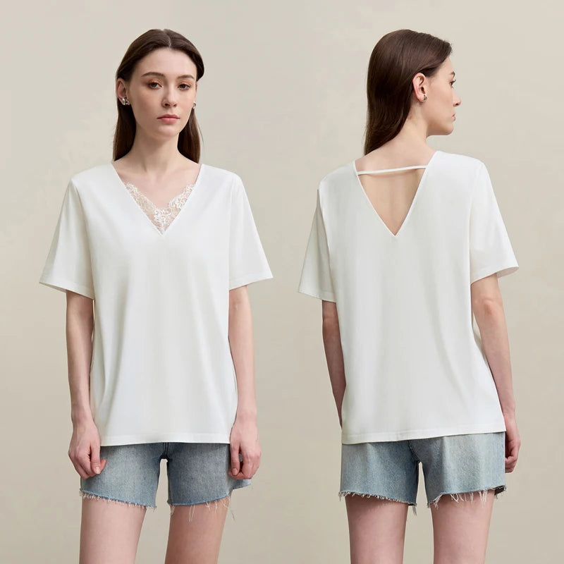 Amii Women's T-Shirt 2026 Summer New Lace V Neck Cutout Back Cotton Tee Stretch Short Sleeve Loose Women's Tee Shirt 12622096