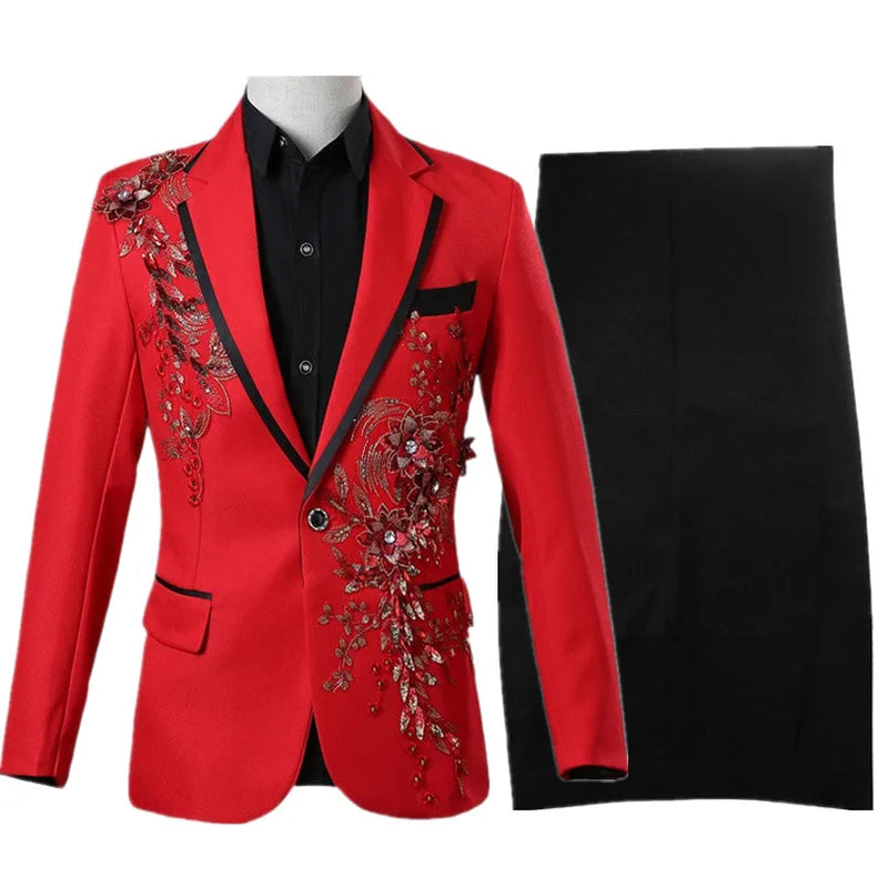 Men's White Standing Lapel Suit Two-Piece, Chinese Style Long Sleeve Jacket with Trousers, Blue Red Black Optional, Asian Size