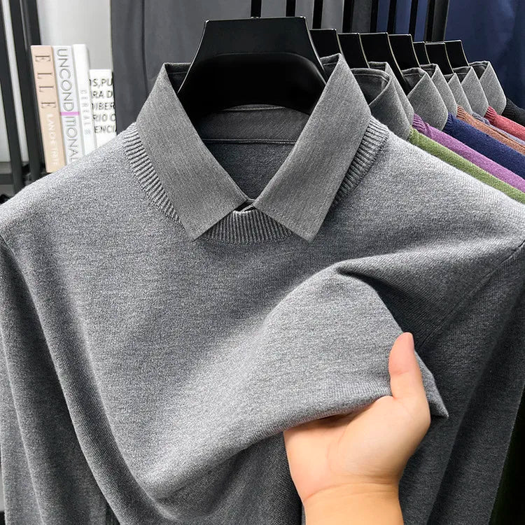 Men's Grey Faux Two-Layer Knit Sweater, Button-Down Shirt Collar with Soft Wool Blend Fabric, Smart Business Autumn Casual Wear