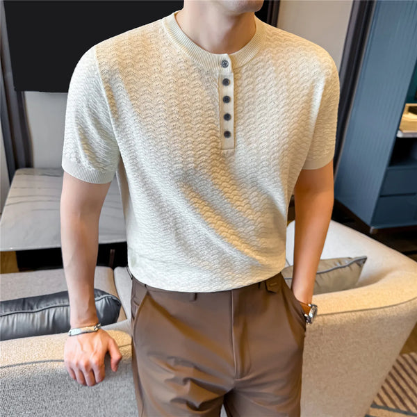Men's Short Sleeve Polo Shirt Diamond Jacquard Texture Knitted Slim Fit Henley Collar Business Casual T-Shirt Old Money Style