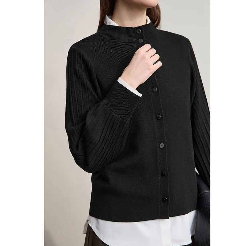 AMII Women's Cardigan Minimalist Half High Collar Cardigans Lady 2026 Autumn New Long Sleeves Slim-fit Female Sweater 12523097