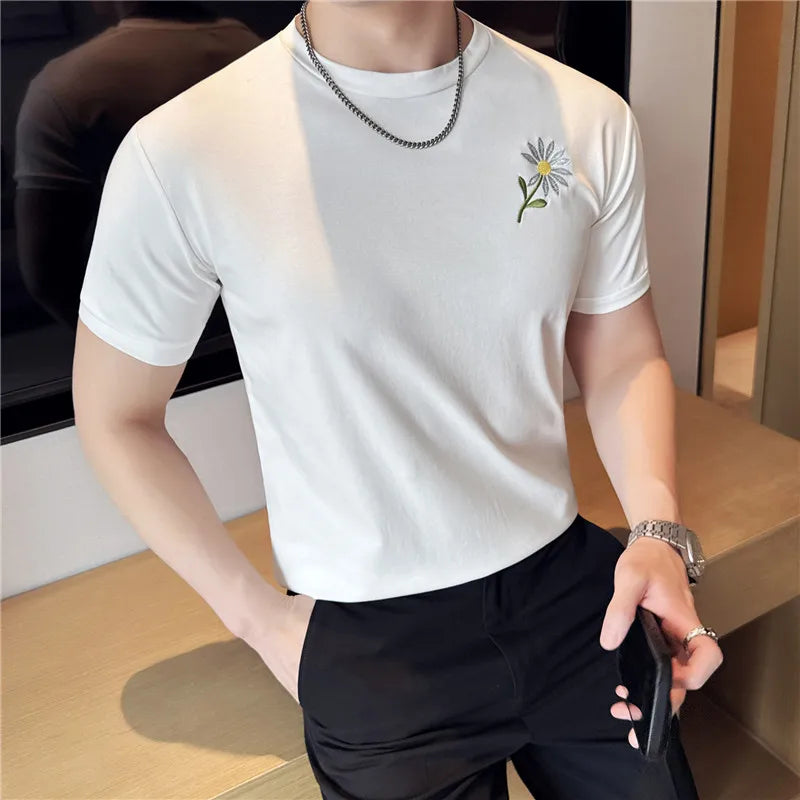 Men's Cotton T-Shirt - Summer Slim Fit Floral Embroidered Tee | 95% Cotton Stretch Crew Neck Casual Top for Youth