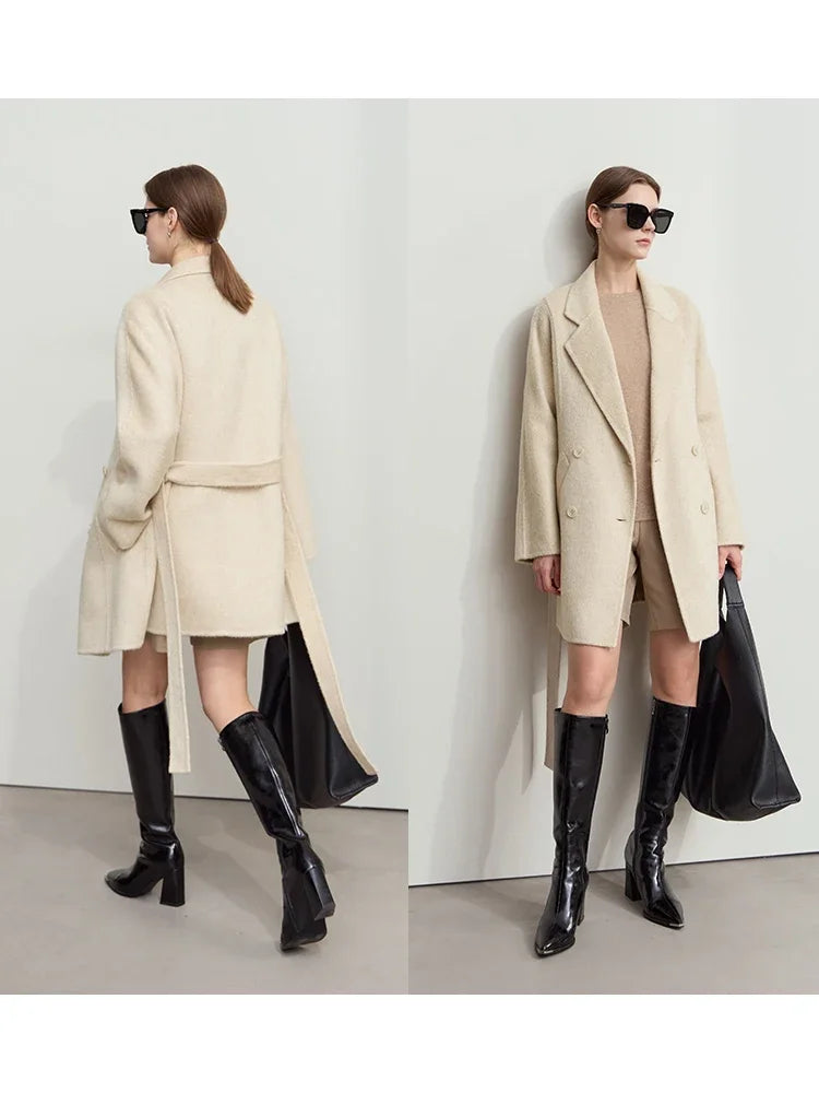 អាវរោមចៀម AMII Minimalism Alpaca សម្រាប់ស្ត្រីជាមួយខ្សែក្រវ៉ាត់ឆ្នាំ ២០២៥ រដូវរងាថ្មី Lapel Collar អាវធំពីរជាន់ 12454031