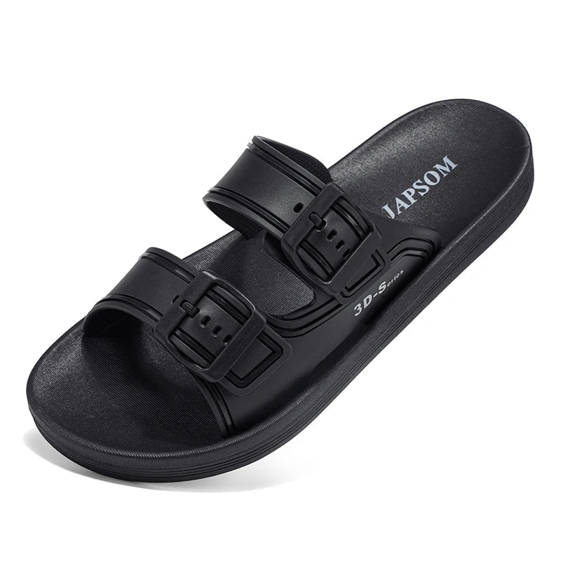 Men's Double Adjustable Buckle Slide Sandals EVA Open Toe Slippers Non Slip Cushioned Summer Slides for Indoor Beach Outdoor