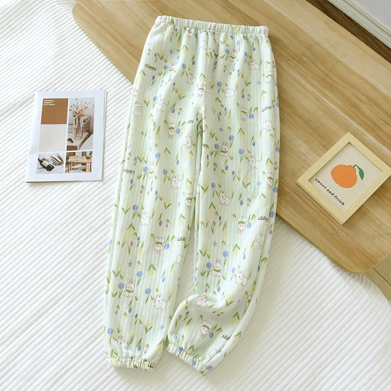 Pure Cotton Air Layer Pajama Pants For Women Autumn Winter Warm Thickened Sleepwear Pantalones Loose Printed Female Pijama Pants