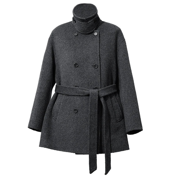 Amii Winter Warm Coats Stand Collar Woolen Double-Faced Coat Belted Mid-Length Pocket Commuter Minimalist Women Jacket 12624040