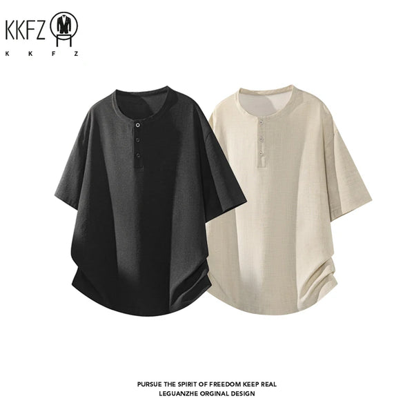Men Linen Blend Henley Button Collar Short Sleeve Tee Oversized Silhouette Top For Everyday Summer Casual Commute Dressing