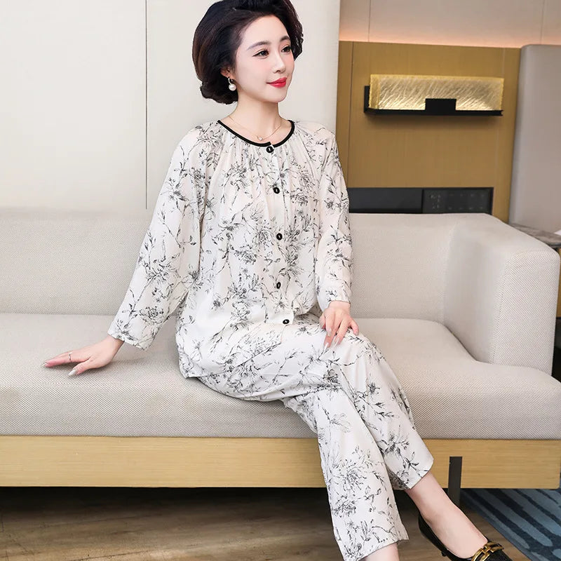 2 Piece Set Nightwear for Women Pajamas 2026 Spring Autumn Long Sleeve Middle-aged Home Wear Loungewear Set Woman Night Clothes